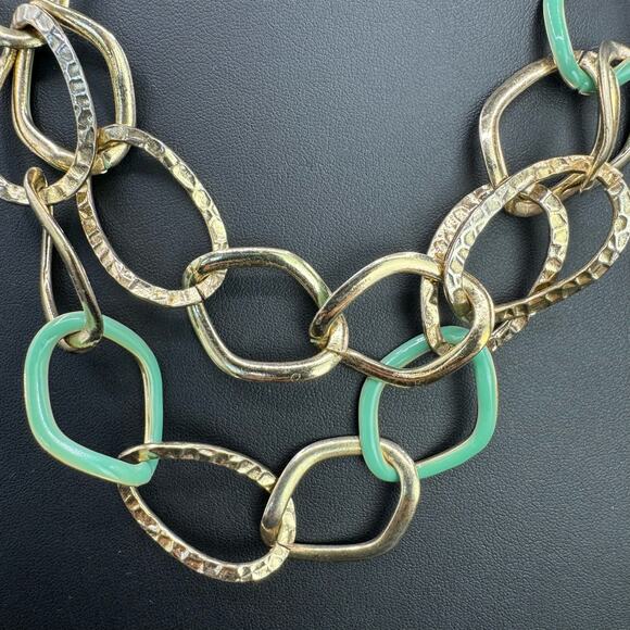 Women Hammered Texture Gold Tone Double Strand Curb Chain Statement Necklace - Picture 5 of 5